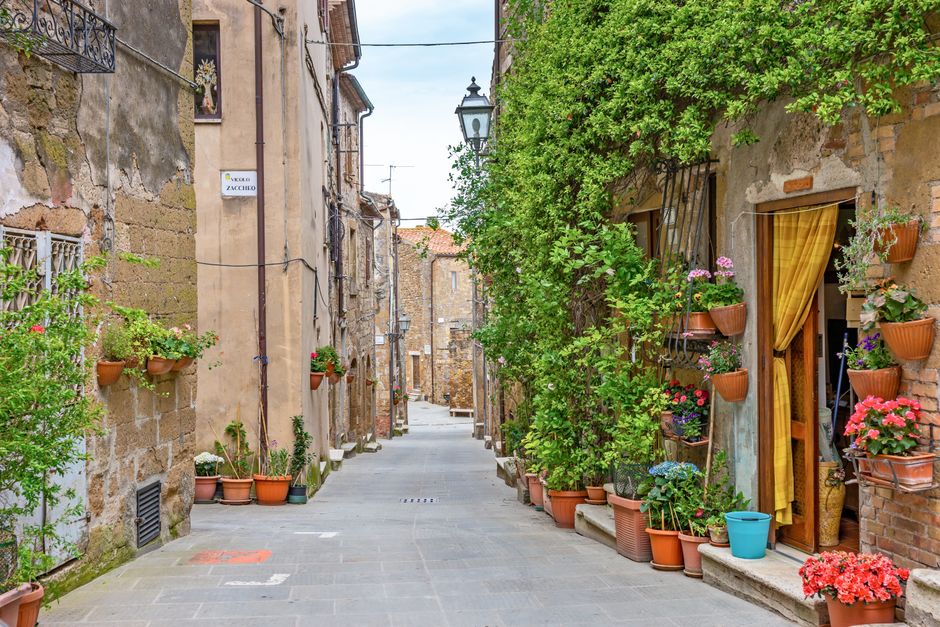 Charming alleyway in a historic Italian town adorned with vibrant potted plants.