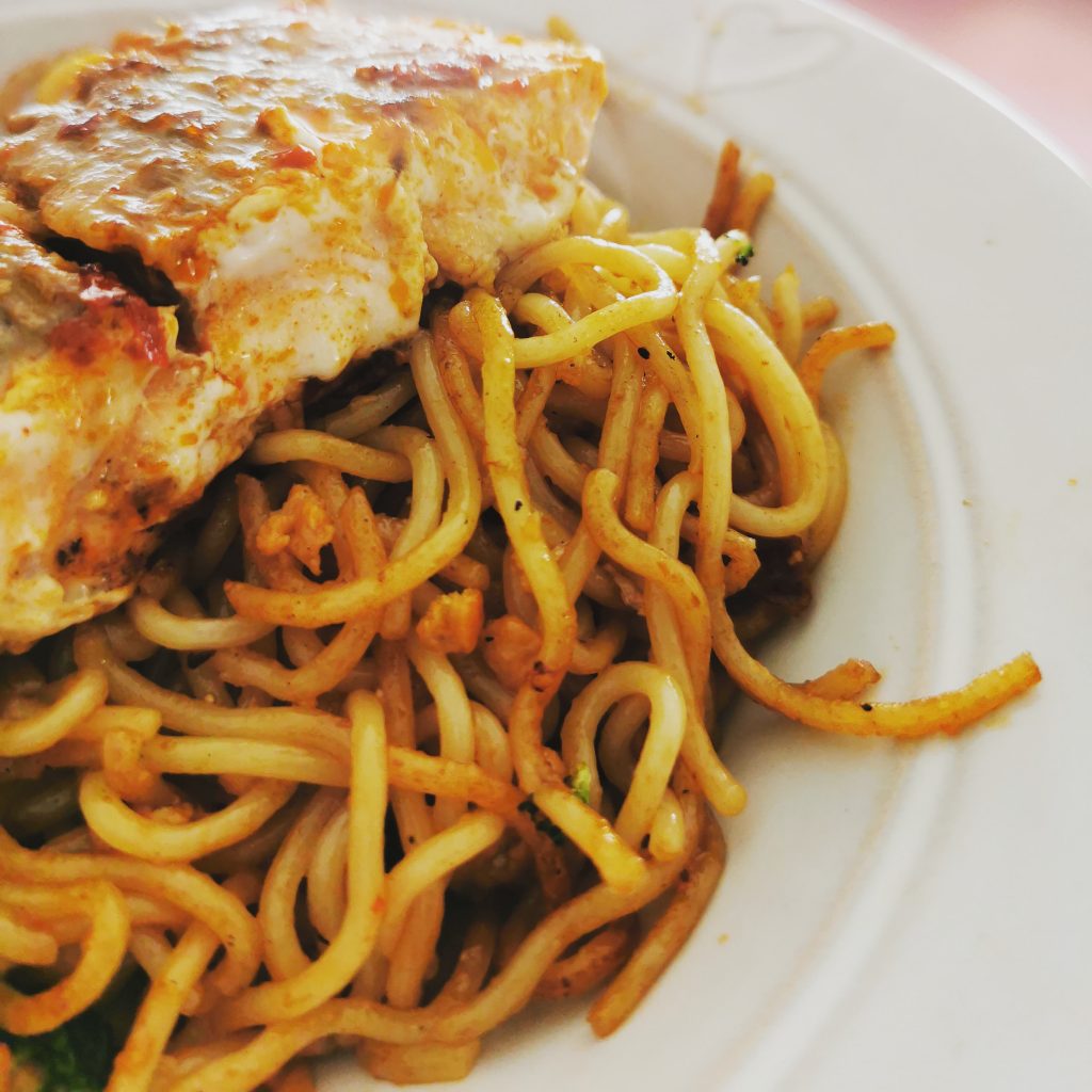 Soy, Chilli and Ginger Salmon With Heck 97% Chorizo Style Sausage Noodles Soy, Chilli and Ginger Salmon With Heck 97% Chorizo Style Sausage Noodles