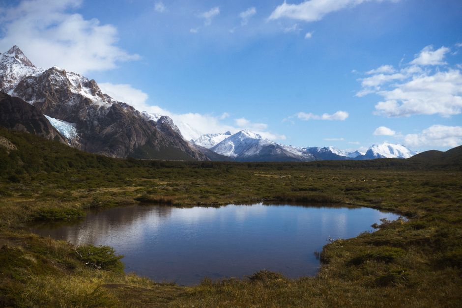 Breathtaking view of the Patagonian mountains and lake in El Chalten, Argentina.